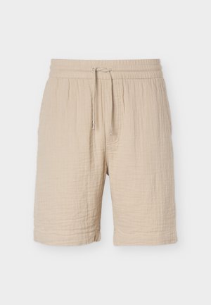 Beżowe szorty z bawełnianej mieszanki, z elastycznym pasem, regulowanym sznurkiem, teksturowaną tkaniną i długością sięgającą kolan.