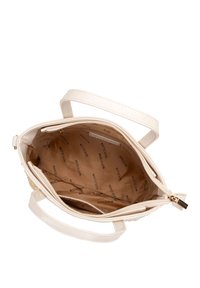 Crémefarbene Handtasche mit glatter Textur, ausgestattet mit einem Reißverschluss und einem gemusterten Innenfutter. Doppelte Griffe für einfachen Transport.