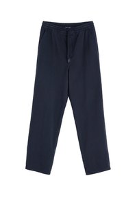 Pantaloni largi, de culoare albastru marin, confecționați dintr-un material ușor, cu talie elastică și închidere cu șnur; fără buzunare vizibile sau modele.