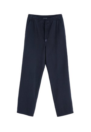 Pantalones azul marino de corte holgado, confeccionados en tejido ligero, con cintura elástica y cierre de cordón; sin bolsillos visibles ni patrones.