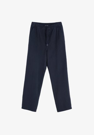 Marineblå, løstsiddende bukser lavet af letvægtsstof med elastisk talje og snorelukning; ingen synlige lommer eller mønstre.