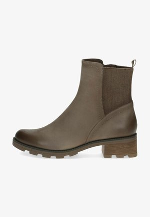 Stivaletto marrone realizzato in pelle liscia con pannello elastico, tacco quadrato chunky, punta arrotondata e accentuazione in tessuto testurizzato alla caviglia.