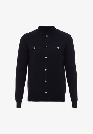 Cardigan lavorato a maglia blu navy con colletto alto, dotato di chiusura con bottoni color oro e due tasche sul petto. Tessuto testurizzato e vestibilità slim.
