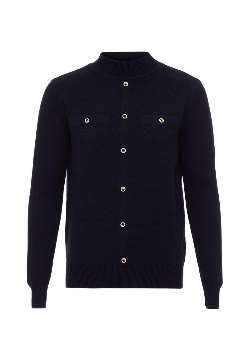 Mörkblå stickad cardigan med hög krage, prydd med knappar i guldton och två bröstfickor. Texturera tyg och slim fit.