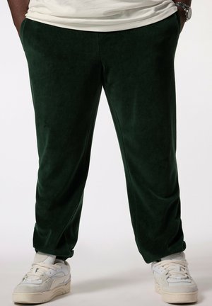 Grüne Samtjogginghosen mit einem lässigen Schnitt, die eine glatte Textur und einen dezenten Glanz aufweisen, kombiniert mit hellen Sneakers.