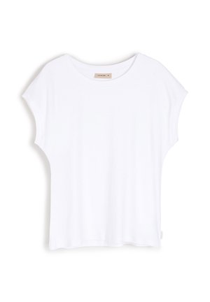 Biała bluzka z krótkim rękawem, wykonana z miękkiej bawełny, o luźnym kroju, okrągłym dekolcie i lekko opuszczonych ramionach. Prosty, nieskomplikowany design.