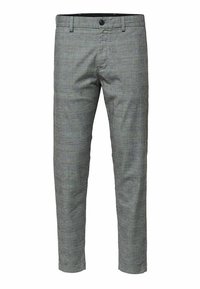 Gray plaid trousers made from a textured fabric, featuring a button closure and belt loops, with a slim fit and tapered legs.
