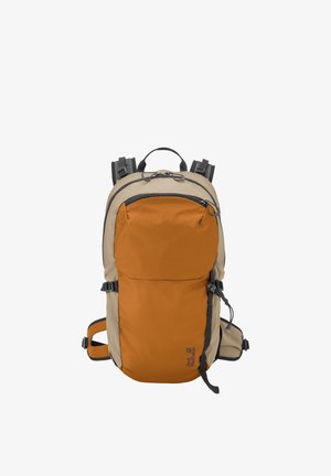 Sac à dos de randonnée bicolore beige et orange avec plusieurs compartiments zippés, bretelles rembourrées et ceinture de soutien à la taille.