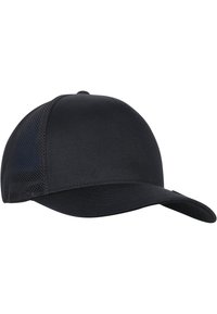 Black cap with a structured front, flat peak, and mesh side panels. Smooth fabric with no visible patterns or hardware details.