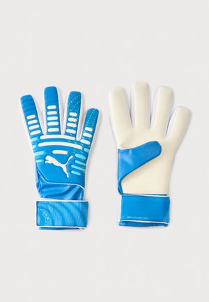 Paire de gants de gardien bleu et blanc, l'un montrant la paume rembourrée, l'autre le dos texturé avec le logo Puma.