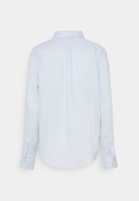 Ljusblå långärmad skjorta med knappar, sett bakifrån, med klassisk krage och knäppta manschetter.