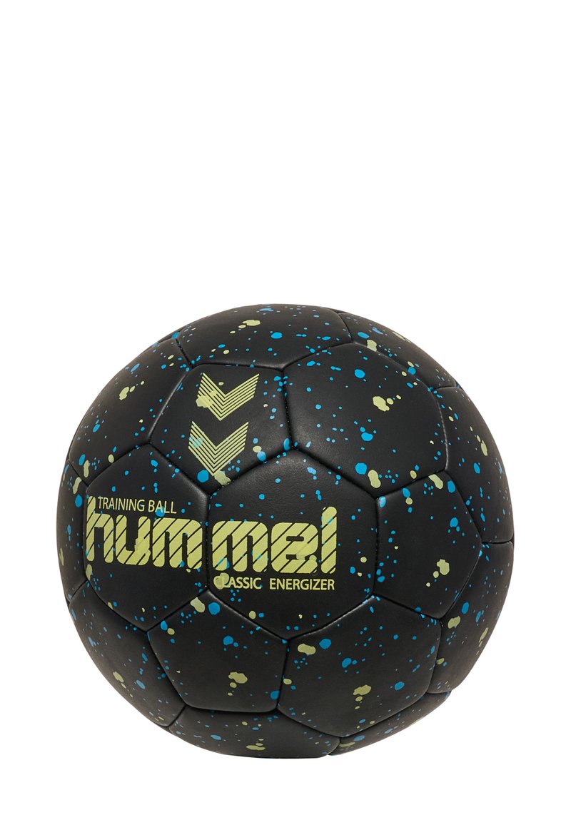 Czarna piłka treningowa z kolorowym wzorem splatter, posiadająca teksturowaną powierzchnię, heksagonalne panele i zielone logo na błyszczącym wykończeniu.