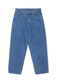 Blue high-waist straight-leg denim jeans with front button and zip closure, belt loops, and five-pocket design on white background.