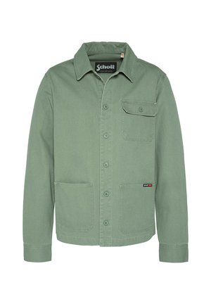 Veste boutonnée vert clair avec col, une poche poitrine à bouton, deux poches frontales inférieures et étiquette Schott NY sur la poche inférieure droite.