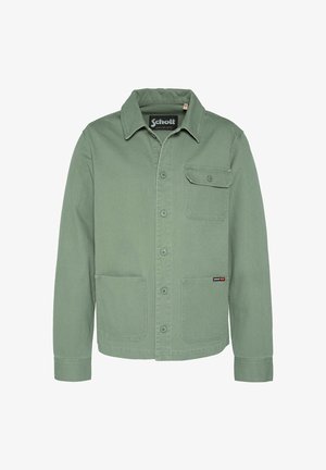 Lichtgroene jas met knopen en kraag, een borstzak met knoop, twee lagere zakken aan de voorkant en een Schott NY-label op de onderste rechterzak.