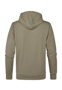 Sudadera con capucha en caqui, hecha de material de algodón suave. Presenta mangas largas, un corte holgado y puños y bajo de canalé.