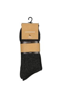 Calzini in lana nera in confezione da 2, con texture a coste e gancio per esposizione al dettaglio. L'etichetta indica la taglia 40-47 e "Super Caldi."