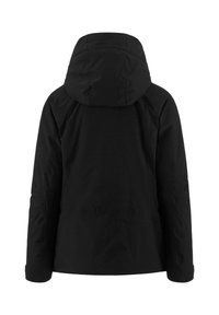 Giacca nera con cappuccio dal design aerodinamico, realizzata in un materiale liscio e resistente all'acqua. Presenta maniche raglan e una ventilazione posteriore.