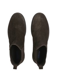 Braune Wildleder-Stiefeletten mit elastischen Seitenteilen, runder Zehenform und Gummisohle. Verfügt über dezente Nähte und eine Zuglasche an der Rückseite für einfaches Anziehen.