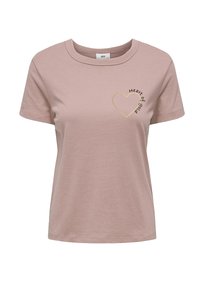 Helle rosa Baumwoll-T-Shirt mit kurzen Ärmeln, Rundhalsausschnitt und einem goldenen Herz-Graphic mit dem Aufdruck "Heart of gold" in Schwarz.