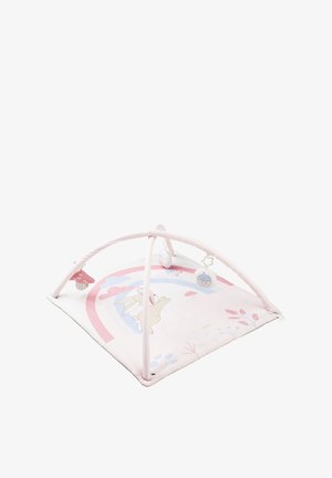 Play mat with a soft pink fabric. Features a rainbow design and animal illustrations. Includes three hanging plush toys and a padded base.
