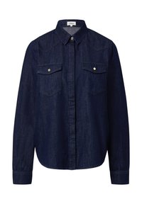 Dunkelblaue Jeanshemd mit Knopfleiste, spitzen Kragen und zwei Brusttaschen. Merkmale sind helle Nähte und ein abgerundeter Saum.