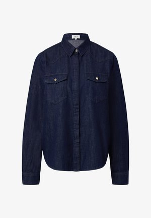 Tume sinine denim särk nööbiga eest, terava kraega ja kahe rinnataskuga. Omab heledat õmblust ja ümarat ääret.