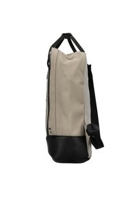 Beige waterdichte tas met een zwarte gestructureerde basis. Voorzien van zwarte banden en een mesh zijpaneel. Met ritssluiting aan de bovenkant.