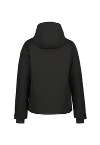 Zwarte capuchonjack met lange mouwen en strakke manchetten, weergegeven van achteren tegen een witte achtergrond.