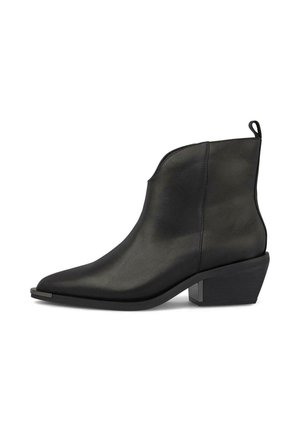 Black leather ankle boot with pointed toe, low block heel, and textured finish. Features a sleek design with a rear pull tab for easy wear.
