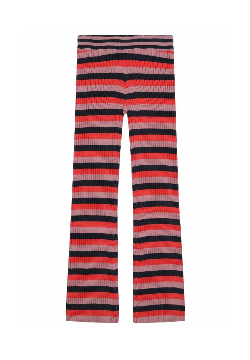 Rippstrick-Leggings in wechselnden Streifen von Rot, Pink und Marineblau. Verfügt über einen breiten, elastischen Bund für zusätzlichen Komfort.