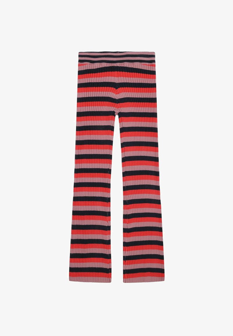 Ribbed knit leggings in alternating stripes of red, pink, and navy blue. Features a wide, elastic waistband for comfort.