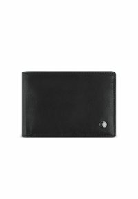 Black leather wallet with a textured surface, bi-fold design, and a metal logo accent. Compact shape suitable for cards and cash storage.