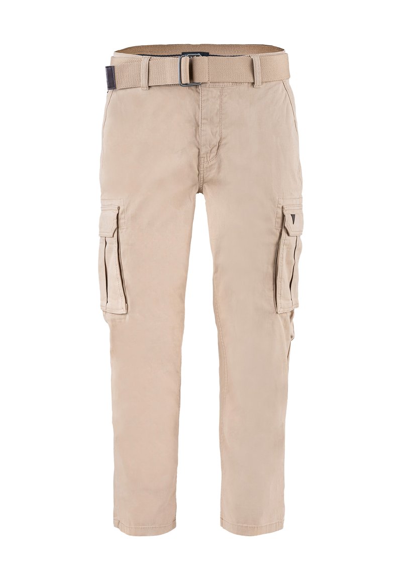 Beige maastopantsit kestävästä kankaasta, joissa on sivutaskut, kudottu vyö ja kapea malli. Sileä texture ja vahvistettu ommel.