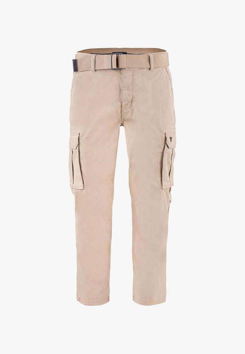 Beige maastopantsit kestävästä kankaasta, joissa on sivutaskut, kudottu vyö ja kapea malli. Sileä texture ja vahvistettu ommel.