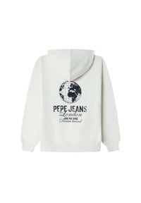 Felpa bianca con cappuccio che presenta una grafica di un globo nero e il testo: “PEPE JEANS London, JOIN THE TRIBE, marchio di denim” sulla parte posteriore.