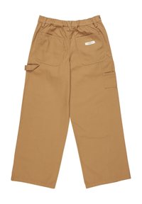 Braune Baumwoll-Cargo-Hosen mit elastischem Bund, zwei Gesäßtaschen und einer Seitentasche, die eine lockere Passform und gerades Bein bieten.
