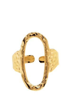 Goudkleurige metalen ring met een onregelmatige ovale open center en een gehammert textuur op de band en het frame.