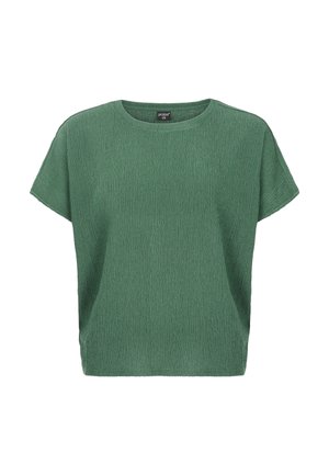 Chemise verte à manches courtes en tissu texturé. Elle présente un col rond et une coupe décontractée avec une silhouette légèrement ample.