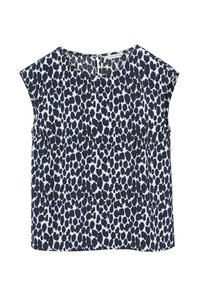 Tamsiai mėlynas ir baltas trumpomis rankovėmis marškinėliai su leopardų raštu, su apvaliu iškirpimu ir maža prapjova nugarinėje pusėje. Lygus audinio tekstūra.