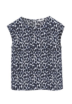 Námořnická a bílá krátkosrstá košile s leopardím vzorem, s kulatým výstřihem a malým rozparkem na zádech. Hladká textura tkaniny.