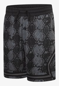 Czarno-szare szorty w wężowy wzór, z sznurkiem w pasie, teksturowaną tkaniną i kontrastującymi paskami na dole.