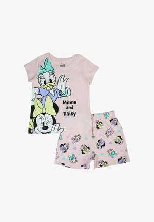 Ensemble de pyjama en coton rose comprenant un T-shirt avec les personnages imprimés Daisy et Minnie Mouse, assorti à un short décoré de motifs de personnages.