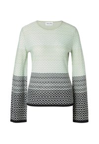Pull à manches longues de couleur vert clair avec un motif en losange, se dégradant en noir en bas. Texture douce avec un col rond.