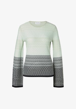 Vaate, jossa on pitkät hihat, vaaleanvihreä väri, timanttikuvio, joka muuttuu mustaksi alaosassa. Pehmeä rakenne ja pyöreä kaula-aukko.