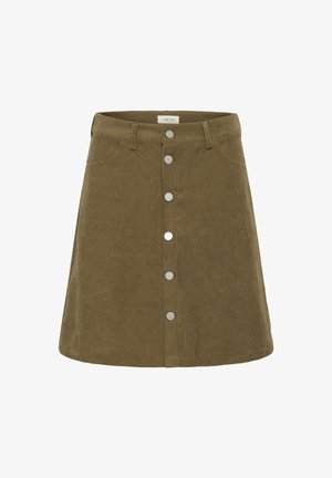 Olijfgroen fluwelen rok met een uitlopende vorm, voorzien van knopen aan de voorkant, zijzakken en een getextureerde ribbelstof.