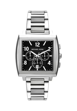 Square silver metal watch with black dial, three subdials, date window at 6, and silver link bracelet strap, showing 10:10:18 time.