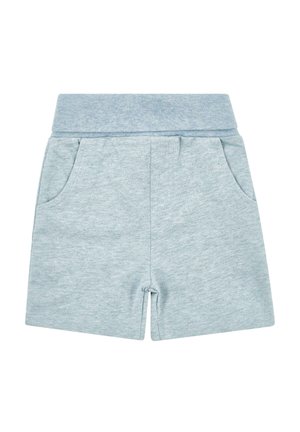 Hellblaue Baumwollshorts mit einem breiten elastischen Bund, zwei Seitentaschen und einem weichen, strukturierten Stoff. Die Shorts haben einen geraden Schnitt.