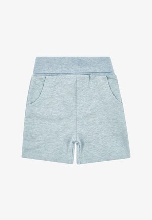 Hellblaue Baumwollshorts mit einem breiten elastischen Bund, zwei Seitentaschen und einem weichen, strukturierten Stoff. Die Shorts haben einen geraden Schnitt.