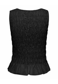 Haut noir sans manches avec texture froncée et ourlet à volants, cintré à la taille, présenté sur un fond blanc.